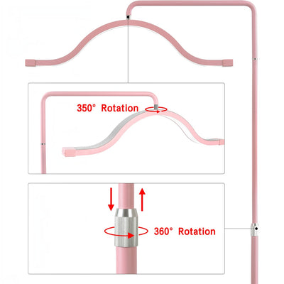 MK BEAUTY BED pink cloud LED light showing 350-degree head rotation and 360-degree adjustable stand height features.