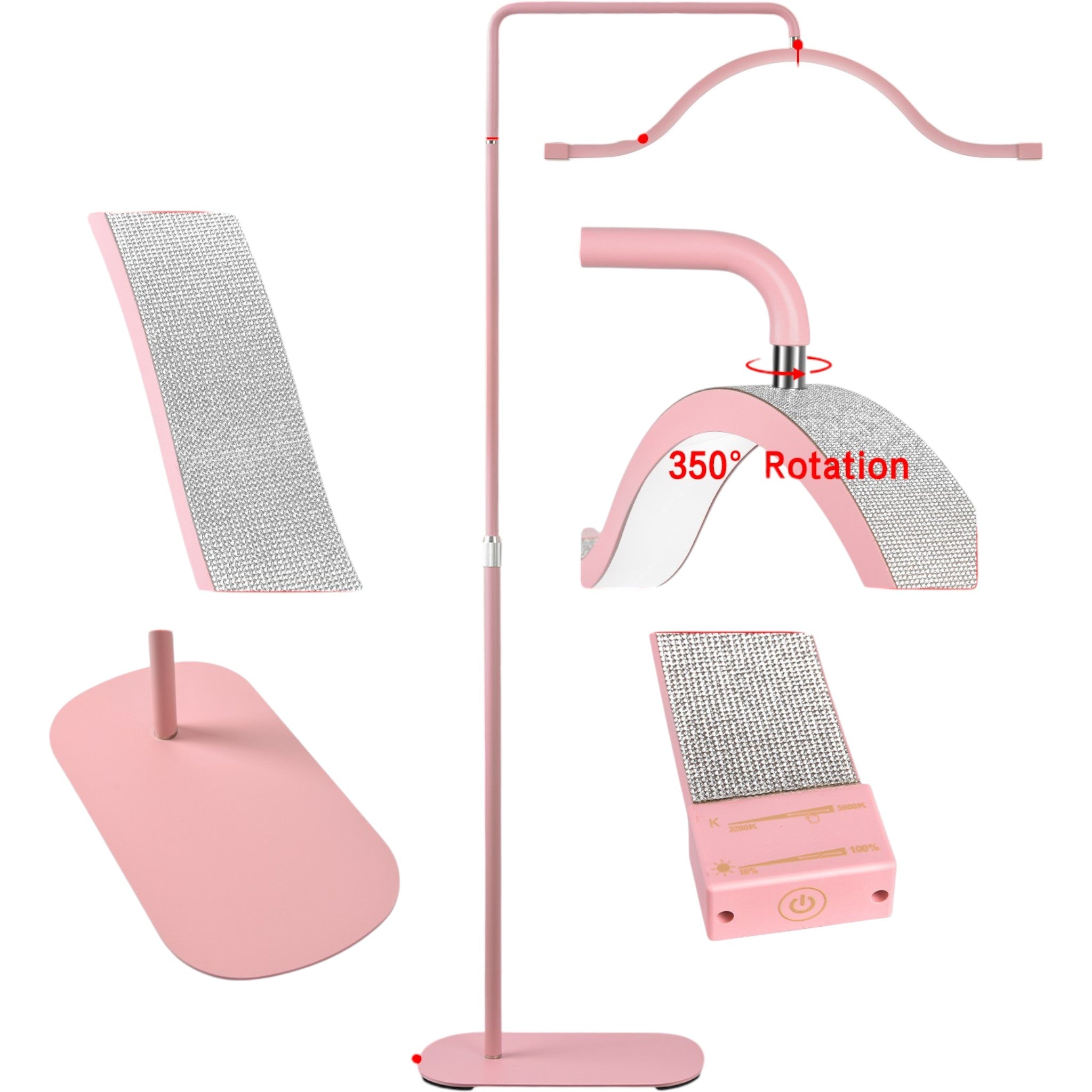 MK BEAUTY BED pink diamond cloud LED light with adjustable stand, touch controls, and 350-degree rotating head.