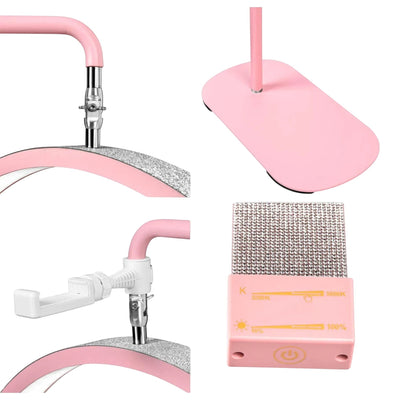 MK BEAUTY BED pink diamond half moon LED light with adjustable stand, phone holder, and touch screen control panel.
