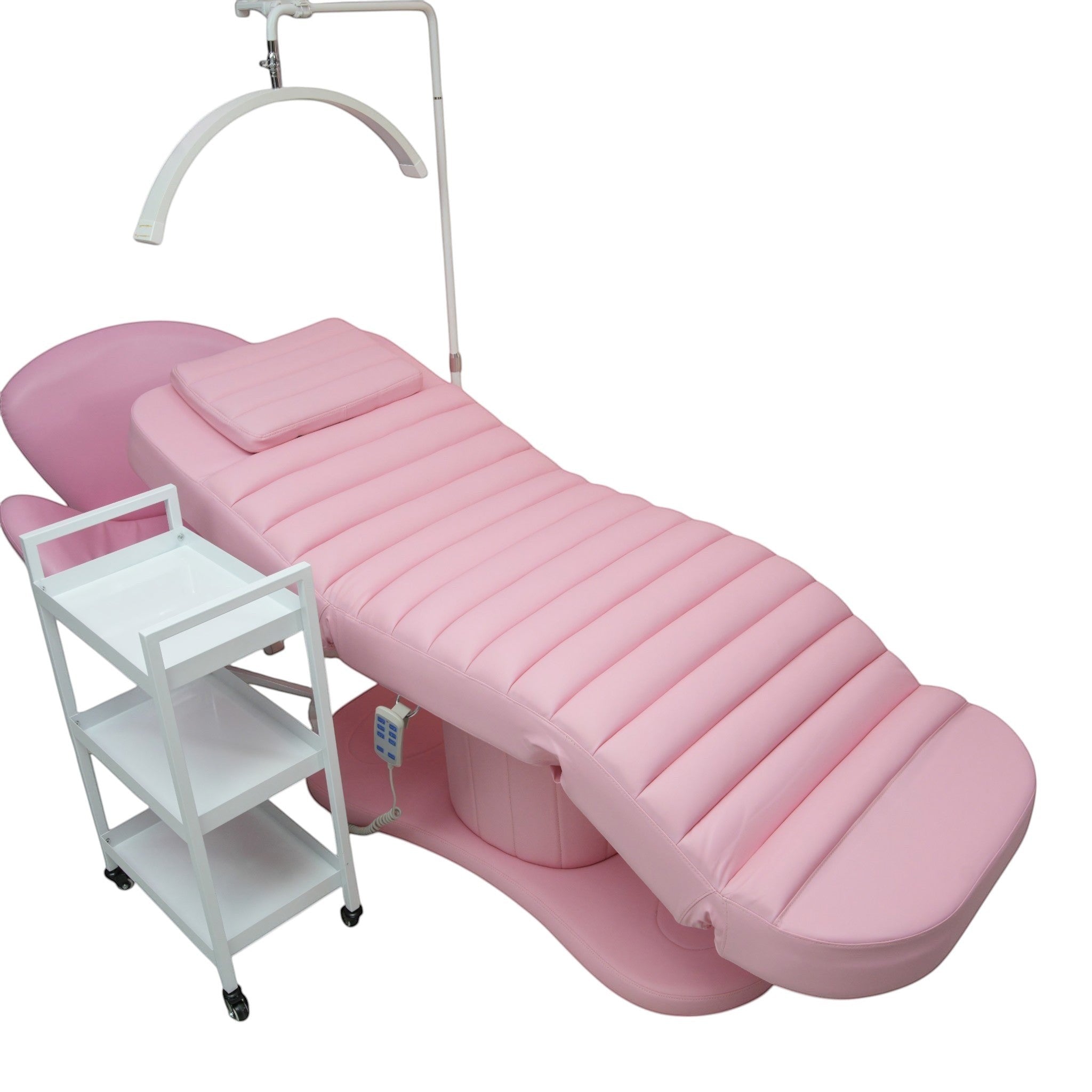 MK BEAUTY BED premium electric salon bed in pink PU leather with adjustable motors and matching white trolley