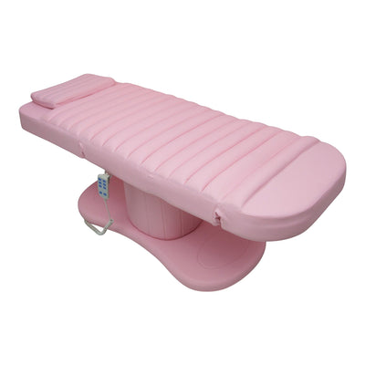 MK BEAUTY BED premium electric salon bed in soft pink PU leather with adjustable backrest and handheld remote control.