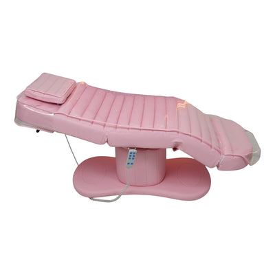 MK BEAUTY BED premium electric salon bed in soft pink PU leather with adjustable backrest and handheld remote control.