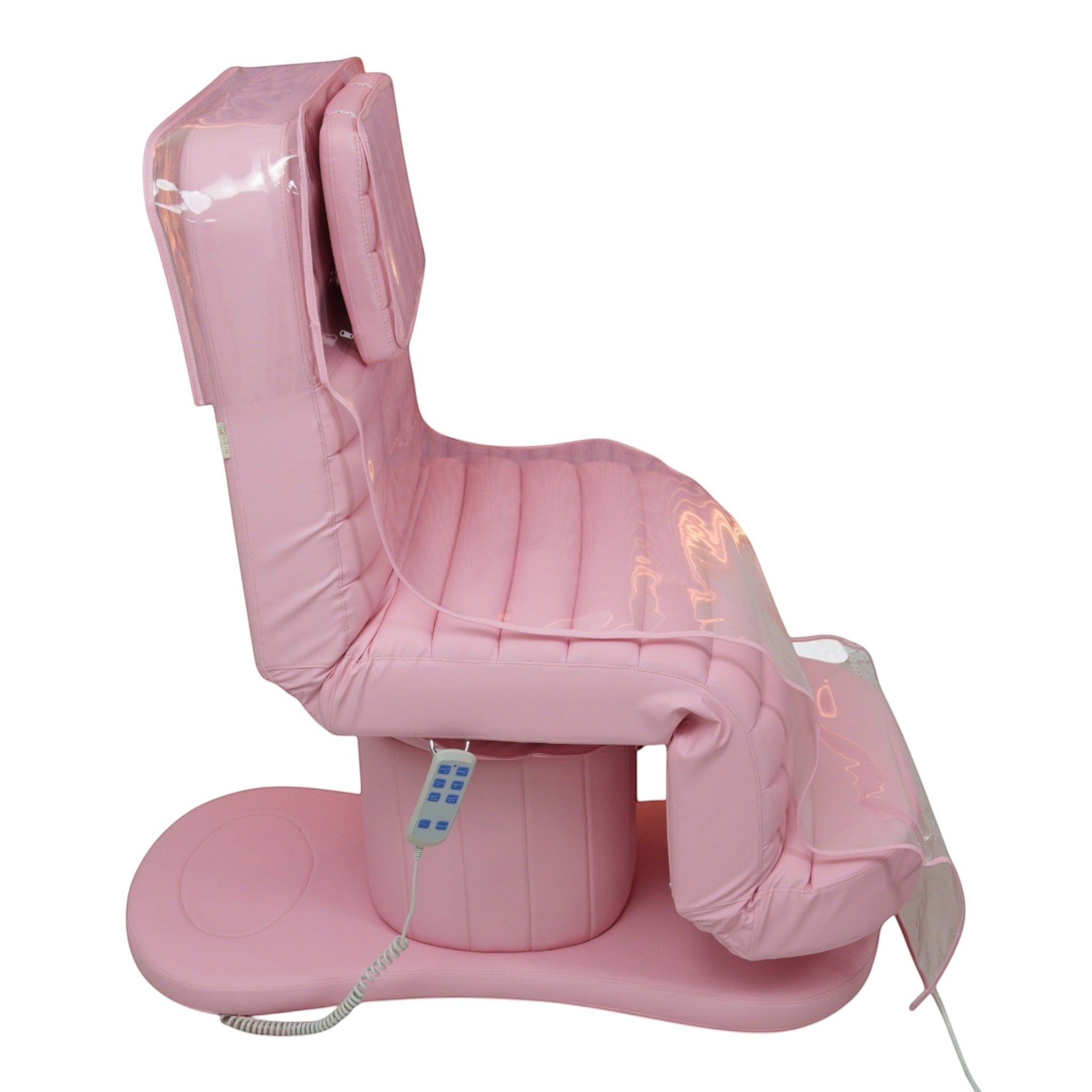 MK BEAUTY BED premium electric salon bed in pink PU leather with adjustable backrest and handheld remote control.