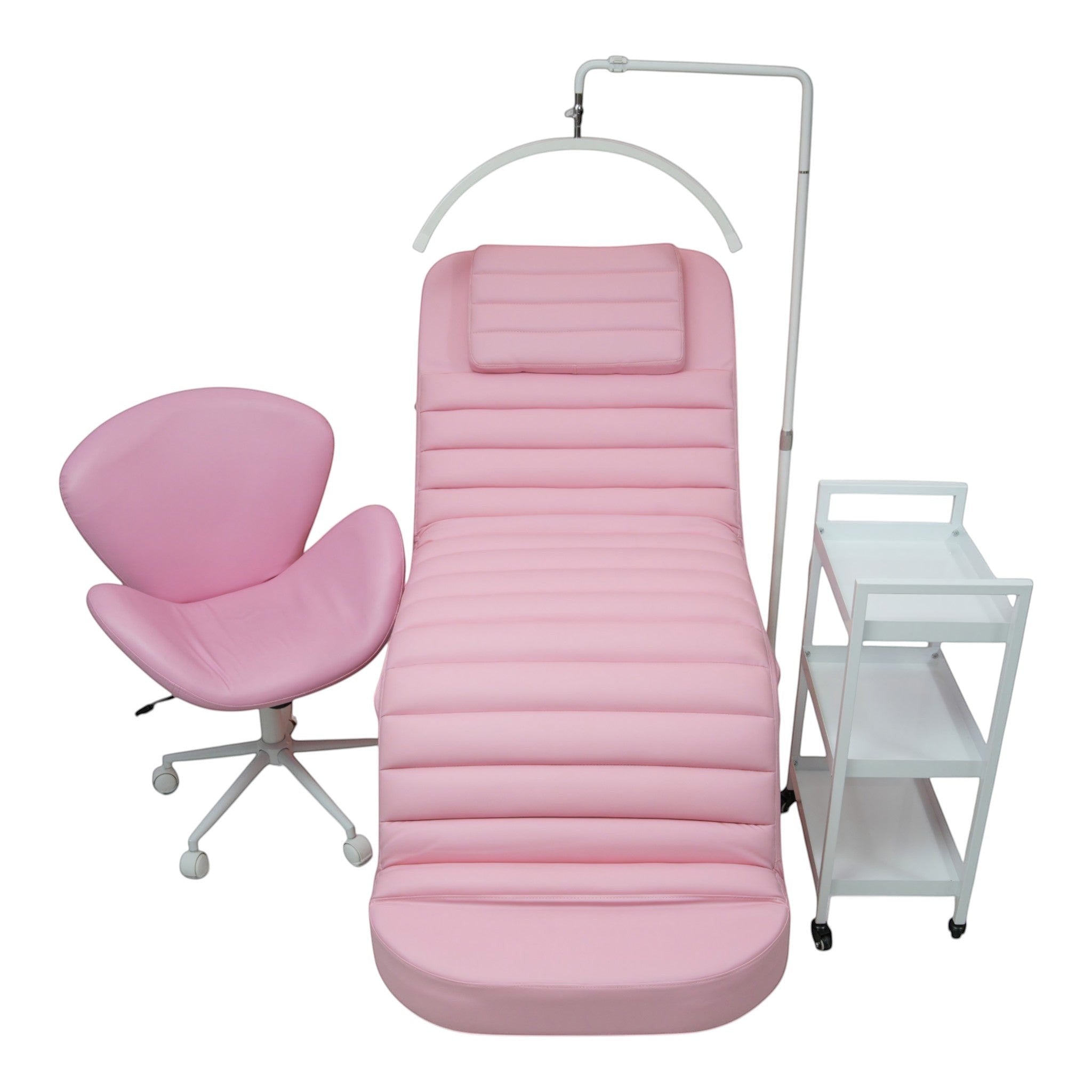 MK BEAUTY BED premium electric treatment bed in light pink PU leather with matching salon chair and white trolley
