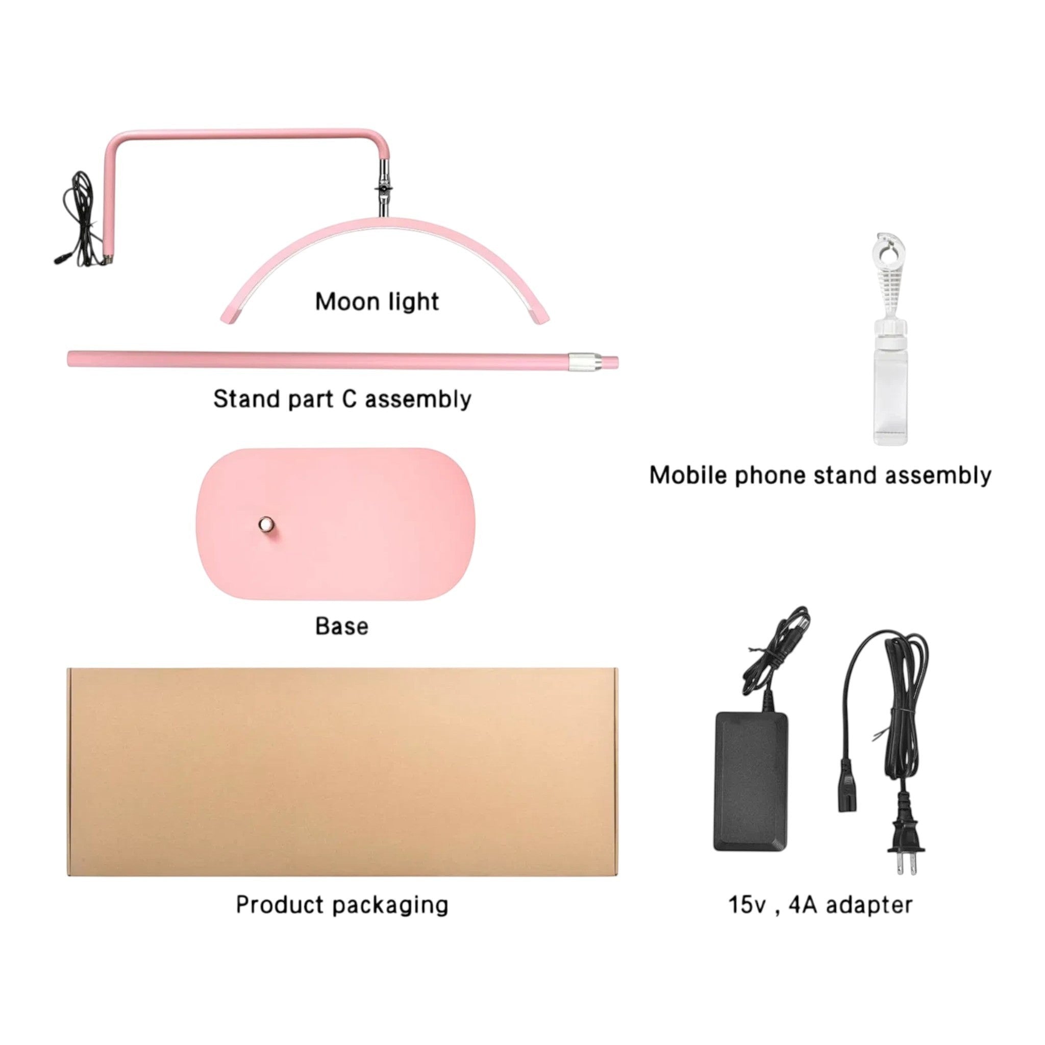 MK BEAUTY BED pink half moon LED light components including stand, base, phone holder, and power adapter.