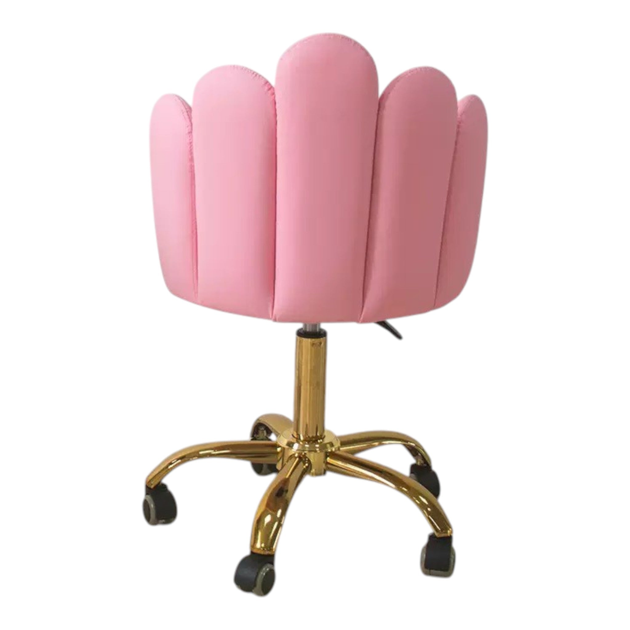 MK BEAUTY BED Lotus Stool in pink with a sculptural petal-shaped backrest, gold base, and smooth swivel castors.