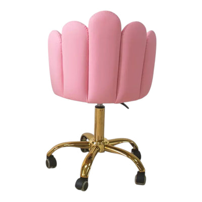 MK BEAUTY BED Lotus Stool in pink with a sculptural petal-shaped backrest, gold base, and smooth swivel castors.