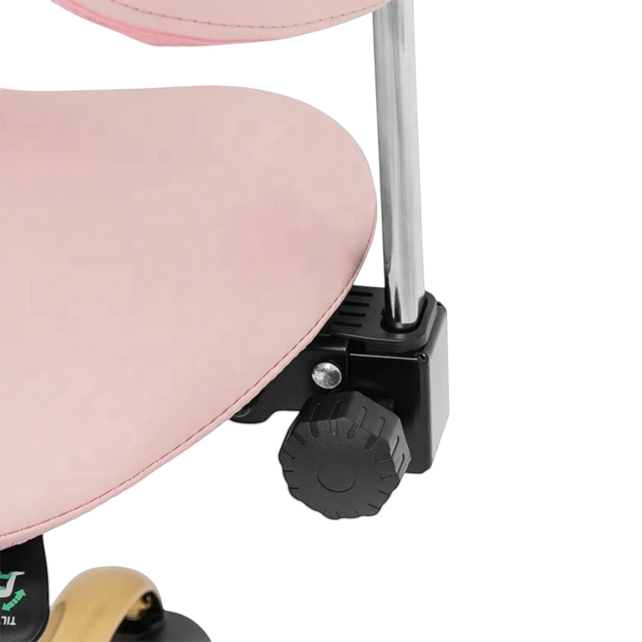 MK BEAUTY BED ergonomic saddle stool in pastel pink with adjustable backrest knob and gold base detail