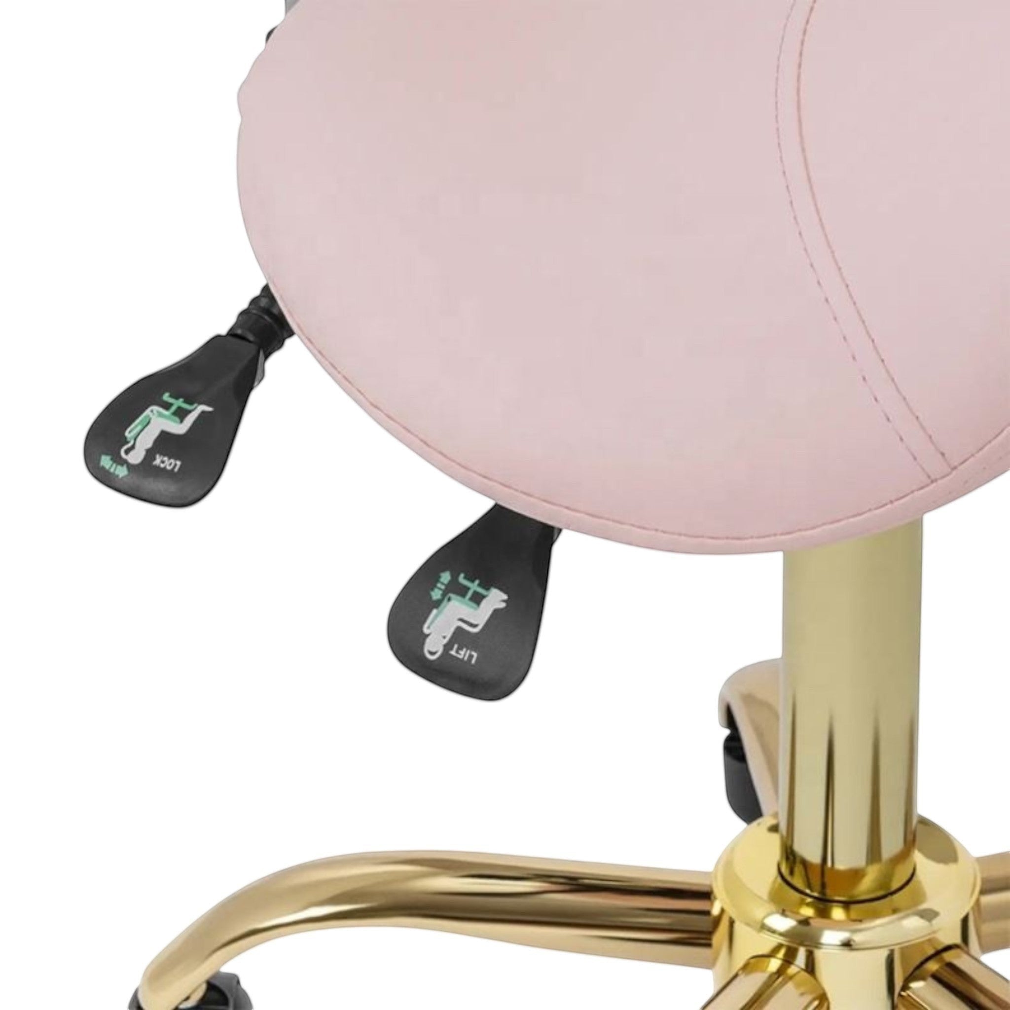 MK BEAUTY BED ergonomic saddle stool in pastel pink with gold base and height adjustment levers