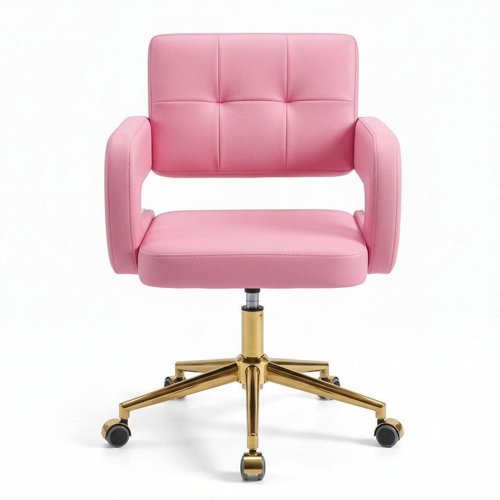 MK BEAUTY BED Square Waffle Stool in pink leather with a gold five-star base, swivel seat, and quilted design.