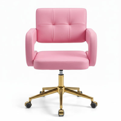 MK BEAUTY BED Square Waffle Stool in pink leather with a gold five-star base, swivel seat, and quilted design.