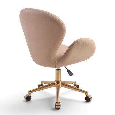 MK BEAUTY BED Swan Stool in beige leather with a curved backrest, gold five-star base, and smooth swivel castors.