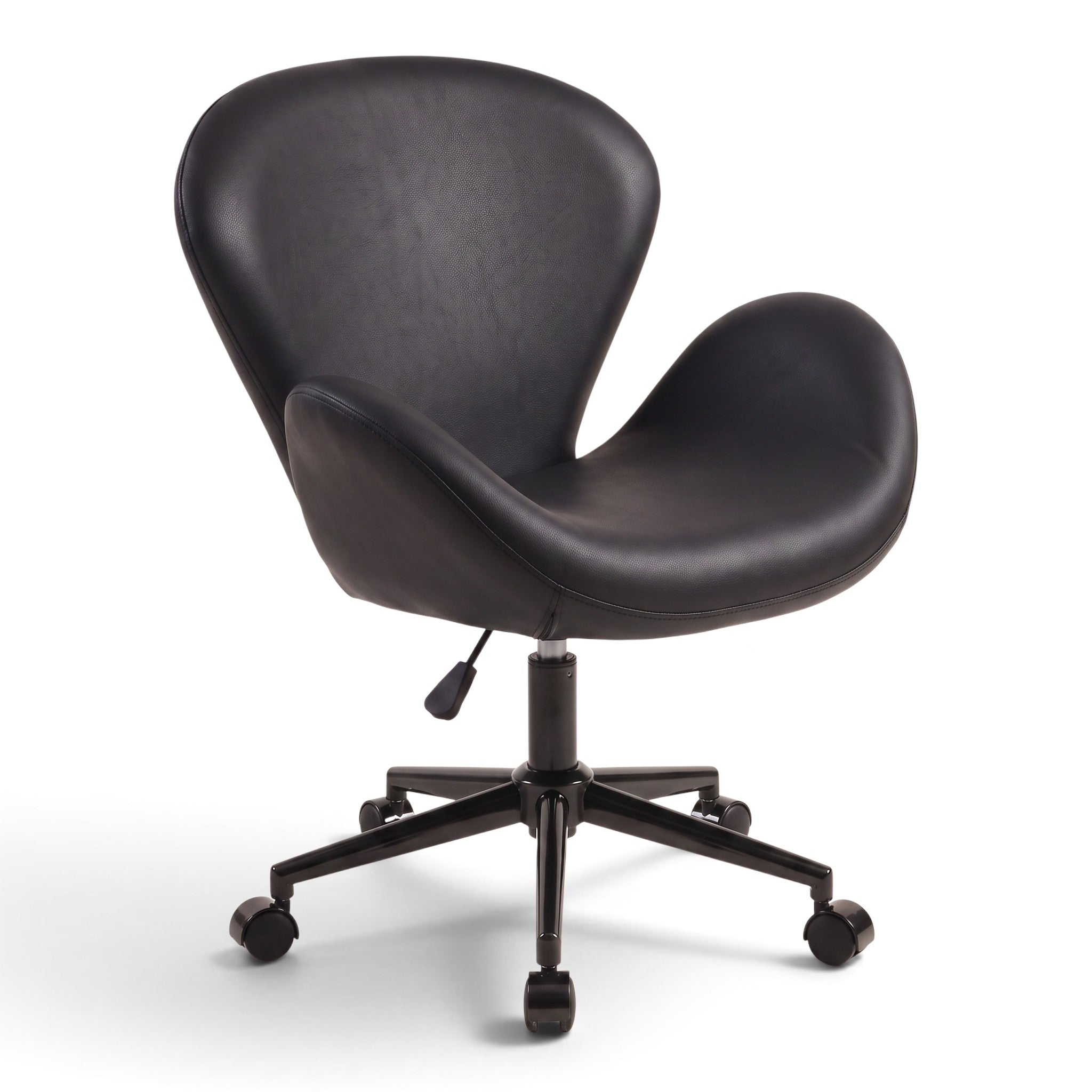 MK BEAUTY BED Swan Stool in black leather with a curved backrest, gas-lift mechanism, and five-star castor base.
