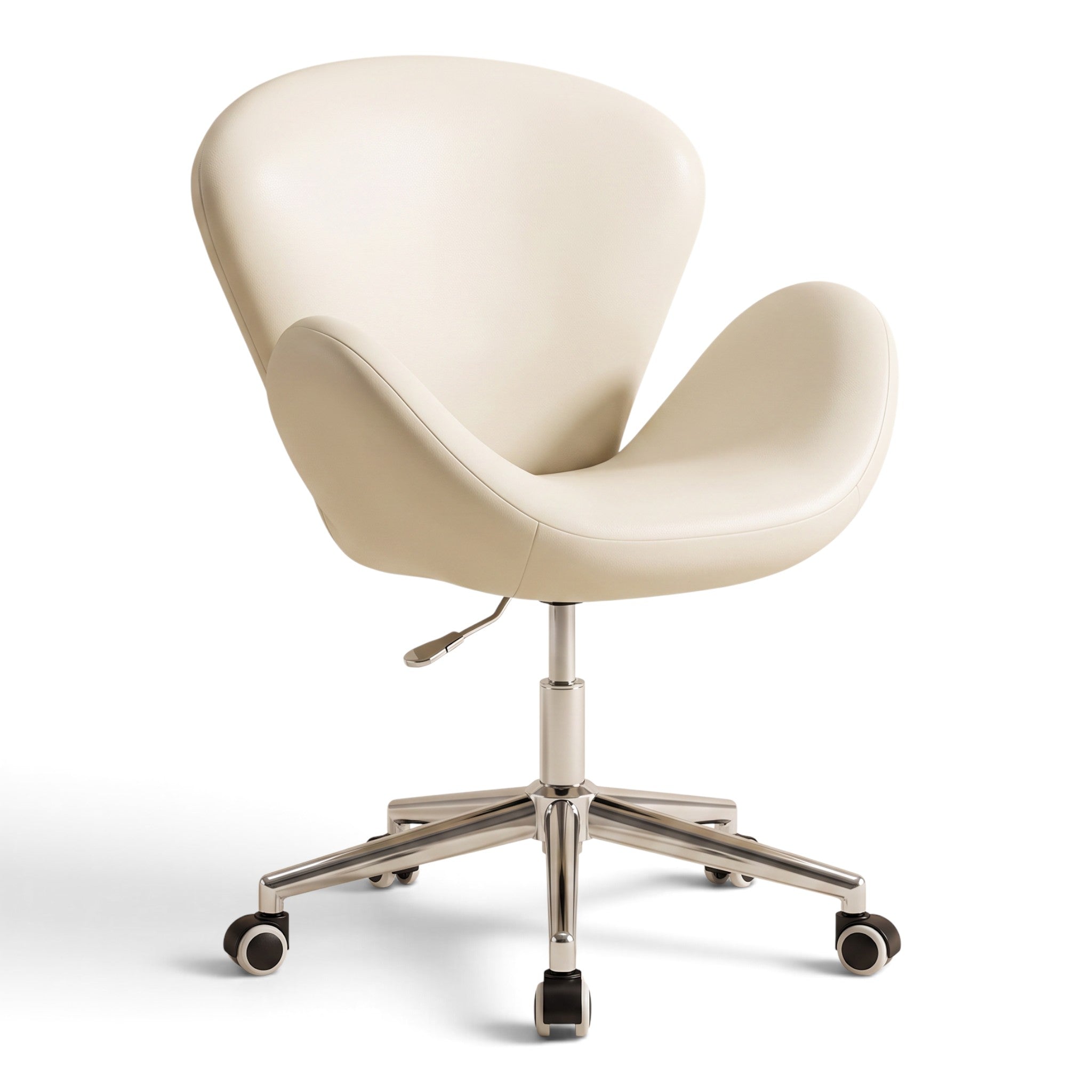 MK BEAUTY BED Swan Stool in cream leather with a curved backrest, gas-lift mechanism, and five-star wheeled base.