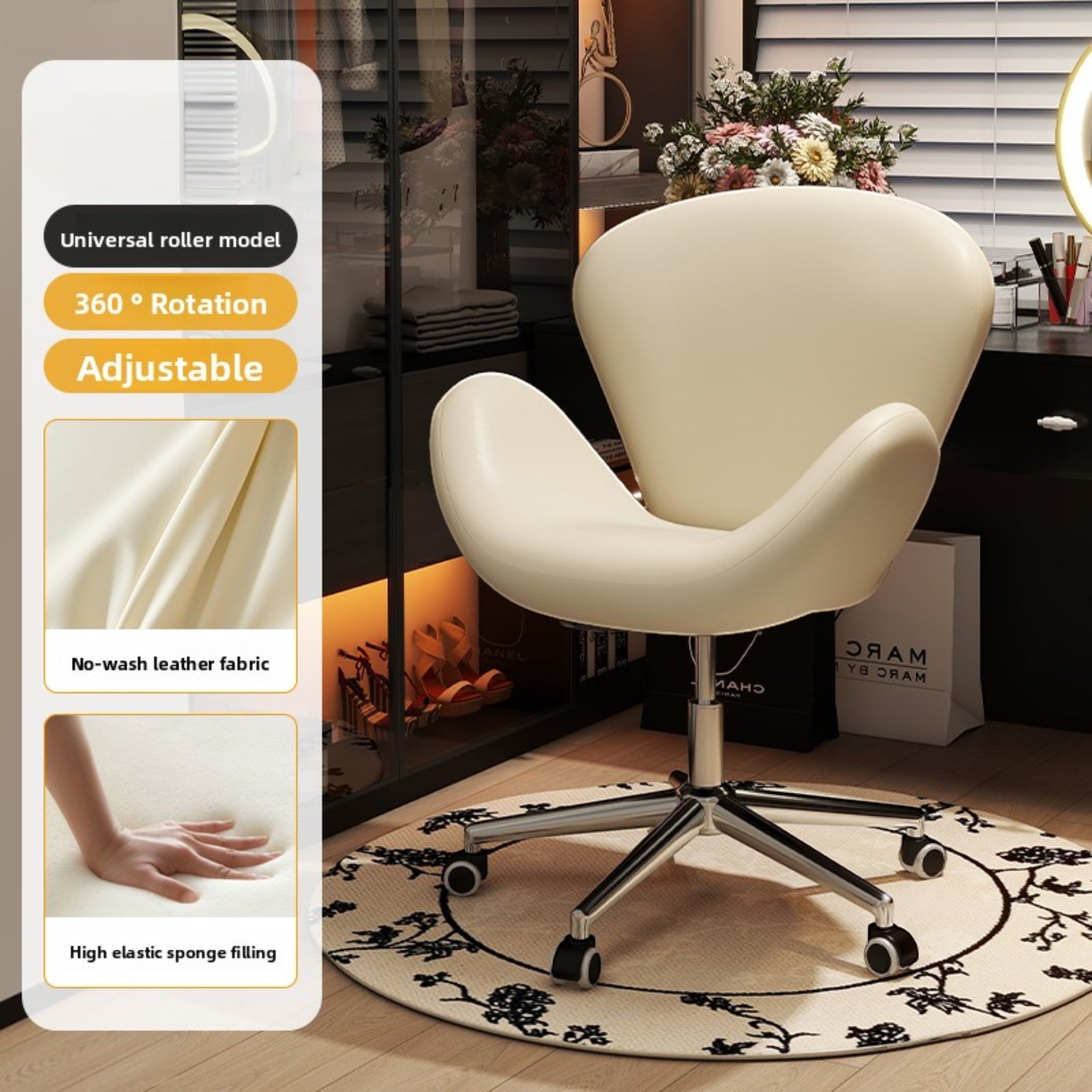 MK BEAUTY BED Swan Stool in off-white leather with a curved backrest, adjustable gas-lift, and swivel base.