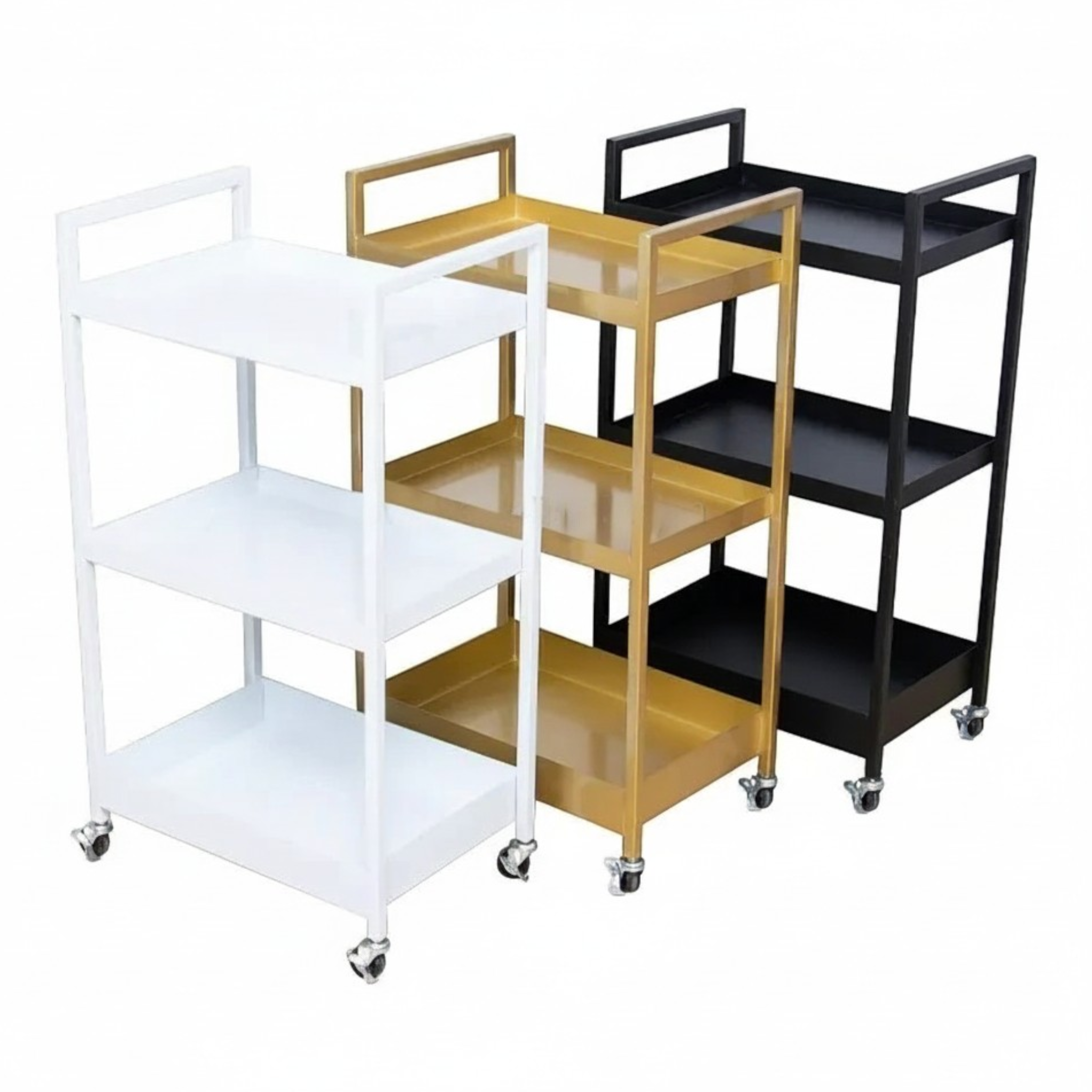 MK BEAUTY BED three-tier professional salon trolley in white, gold, and black carbon steel with rolling castors.