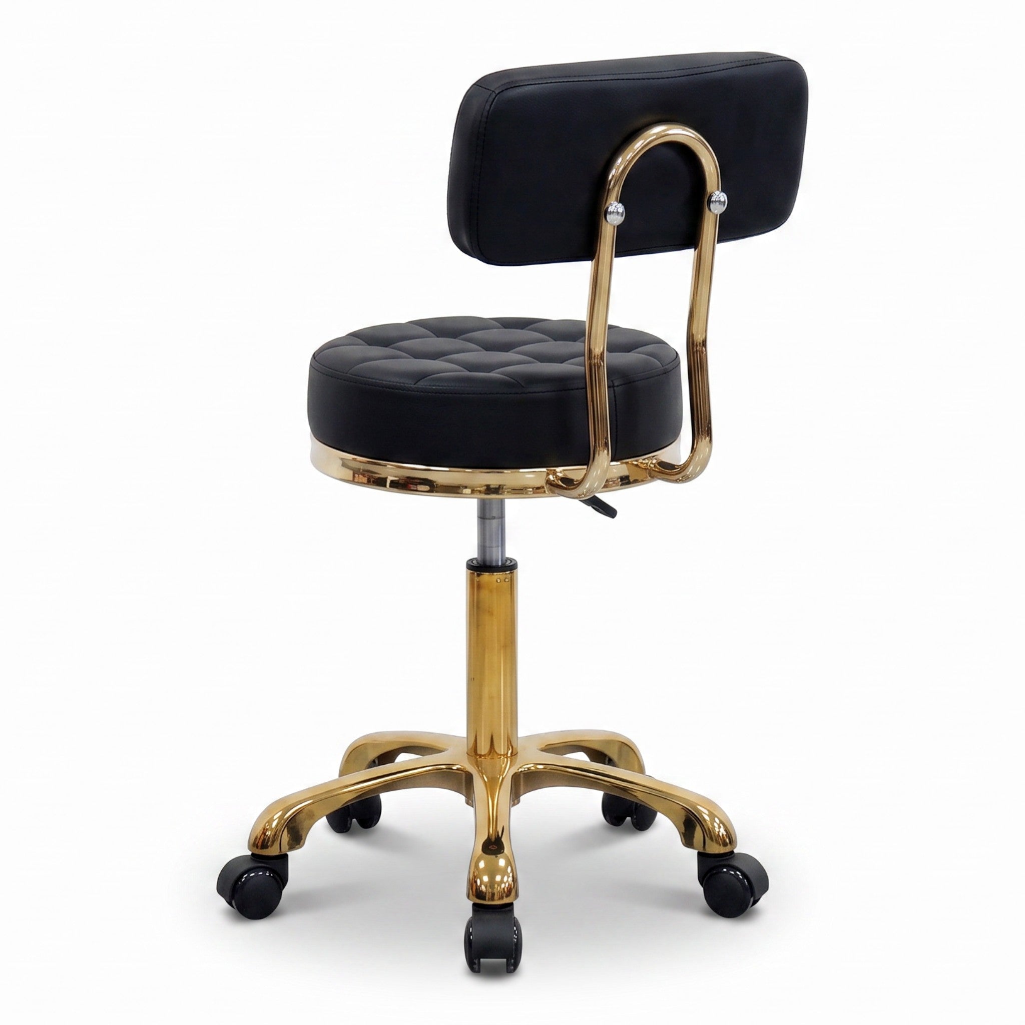 MK BEAUTY BED Waffle Stool in black quilted leather with a gold gas-lift base and backrest support
