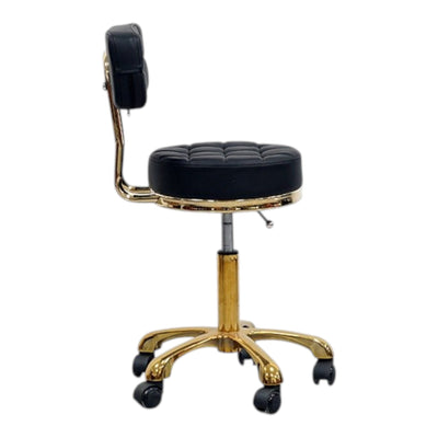 MK BEAUTY BED Waffle Stool in black leather with a quilted seat, backrest, and gold-tone base for salon use.