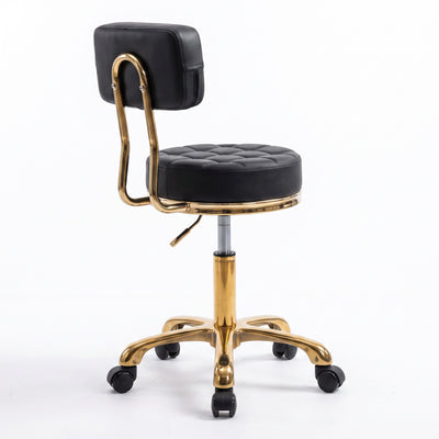 MK BEAUTY BED Waffle Stool in black leather with a gold frame, featuring a quilted seat and adjustable swivel base.