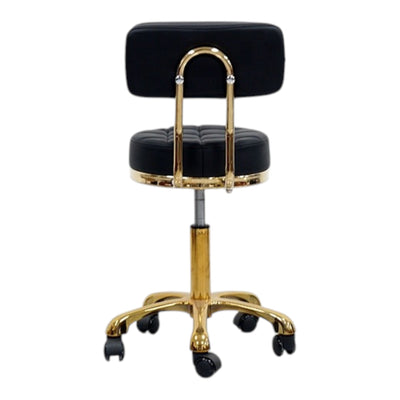 MK BEAUTY BED Waffle Stool in black leather with a gold base, featuring a quilted seat and backrest, rear view.