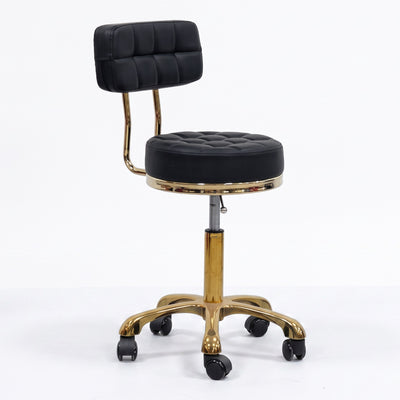 MK BEAUTY BED Waffle Stool in black leather with a quilted seat, gold gas-lift base, and smooth rolling castors.