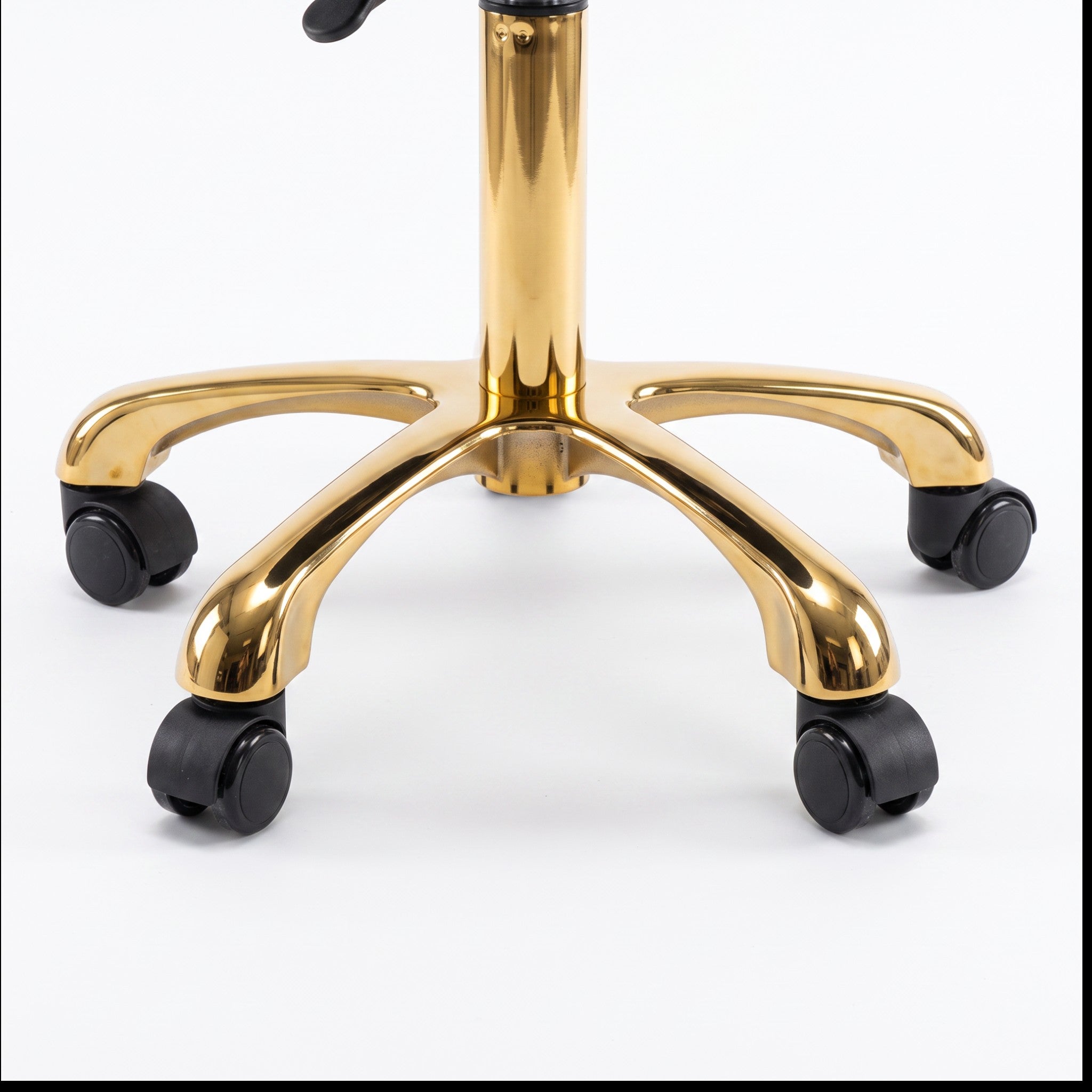 MK BEAUTY BED Waffle Stool gold metallic five-star base with smooth rolling black castors on a white background