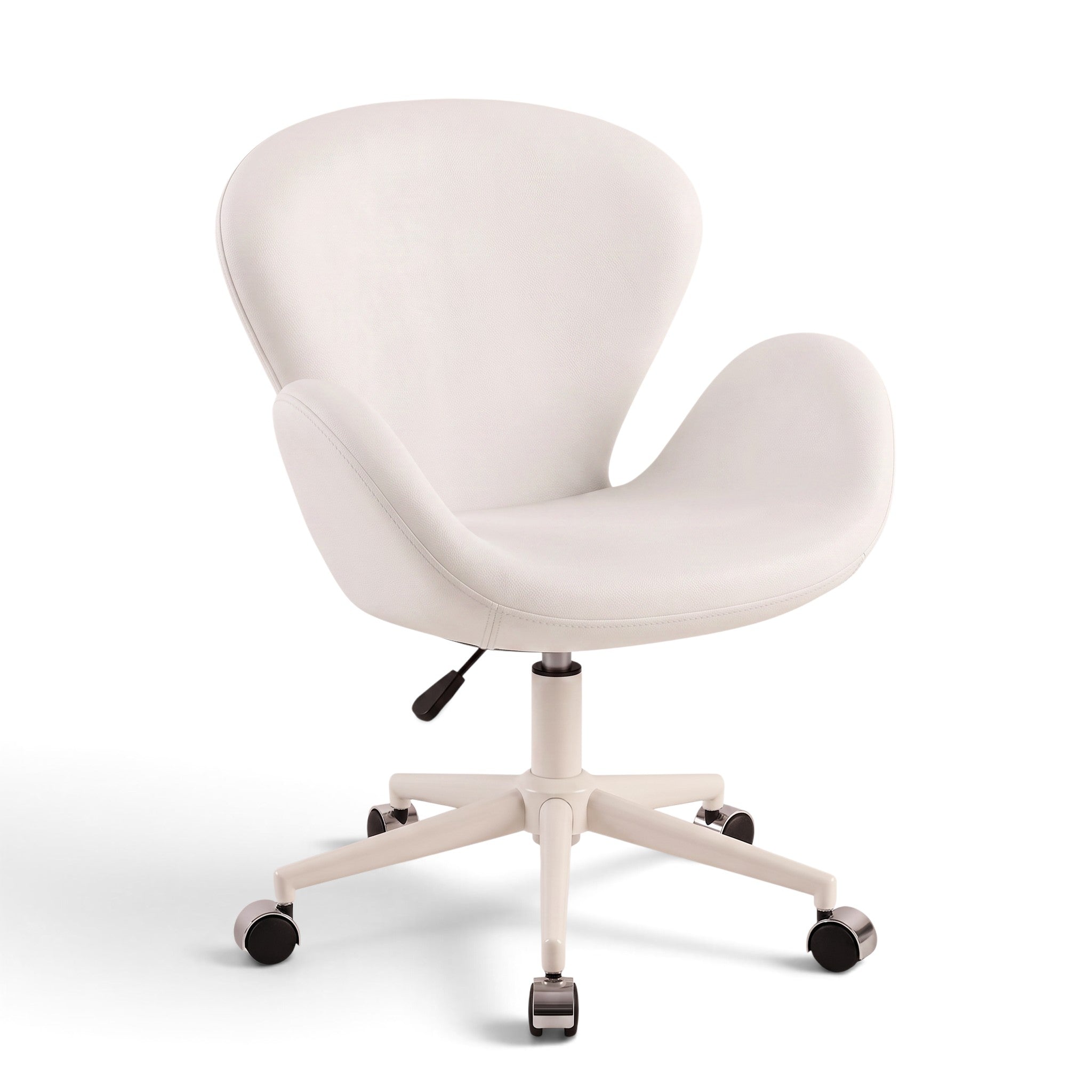 MK BEAUTY BED Swan Stool in white leather with a curved backrest, gas-lift mechanism, and five-star castor base.