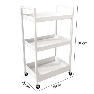 MK BEAUTY BED white carbon steel beauty trolley with three shelves and smooth-rolling castors for salon organisation